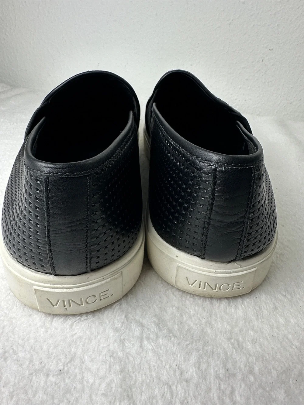 Vince Blair Black Perforated Leather Slip-On Sneakers with White Comfort Sole 8 - Picture 6 of 16
